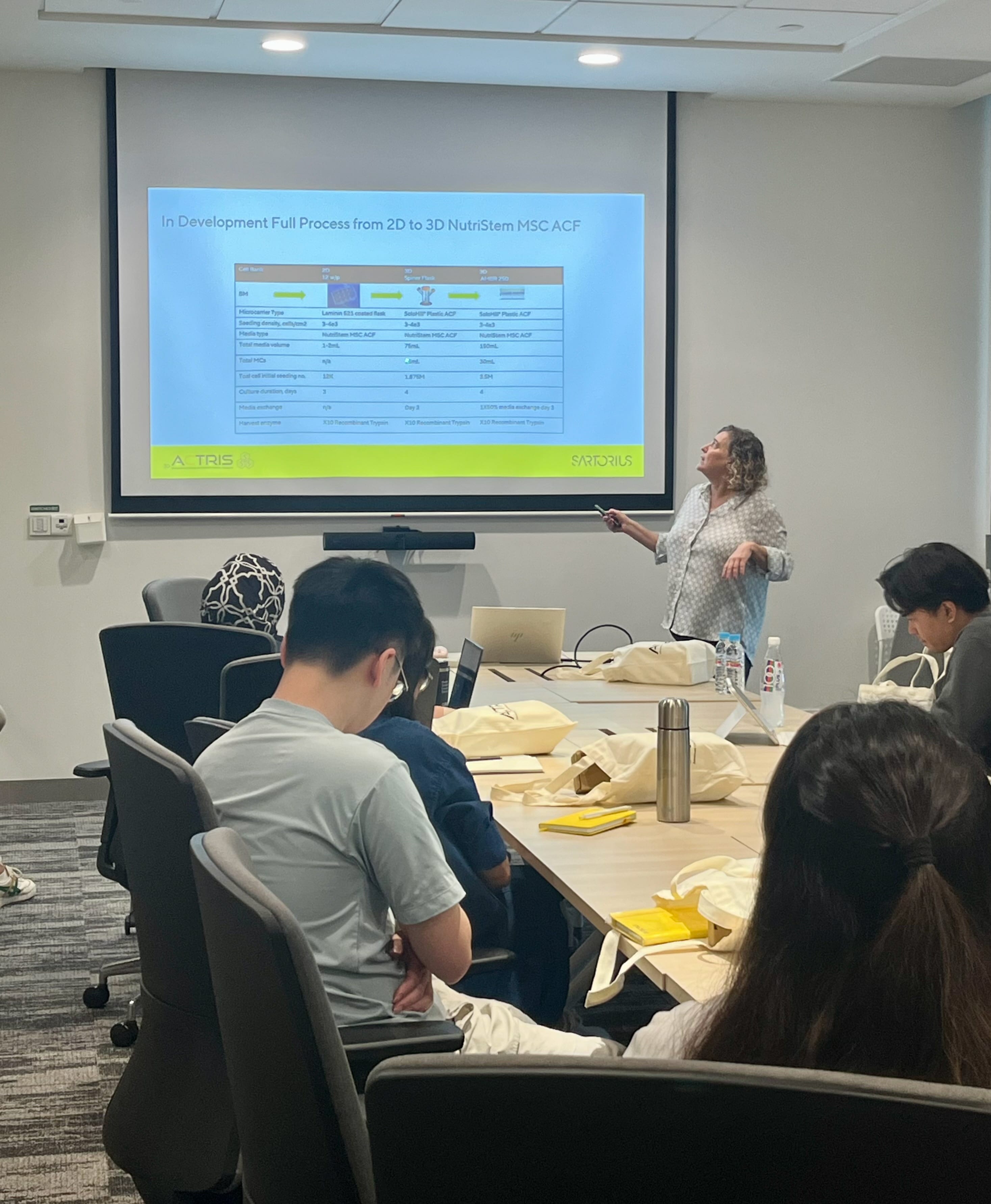 Trainer presenting a slide on the development process for cell therapy manufacturing during an ACTRIS-Sartorius workshop, with attendees seated around a conference table in a meeting room.